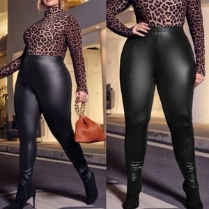 Plus size burgundy high waisted vegan leather leggings